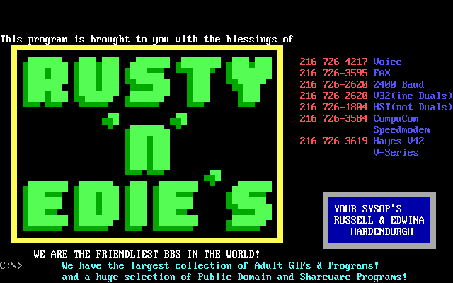 The actual Rusty n Edie's BBS login screen showing the name in large green block letters, phone numbers for different modem speeds, and the tagline 'The Friendliest BBS in the World'