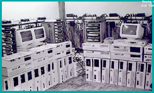 Rows of stacked 286 computers filling the Hardenburgh basement, each numbered as a BBS node